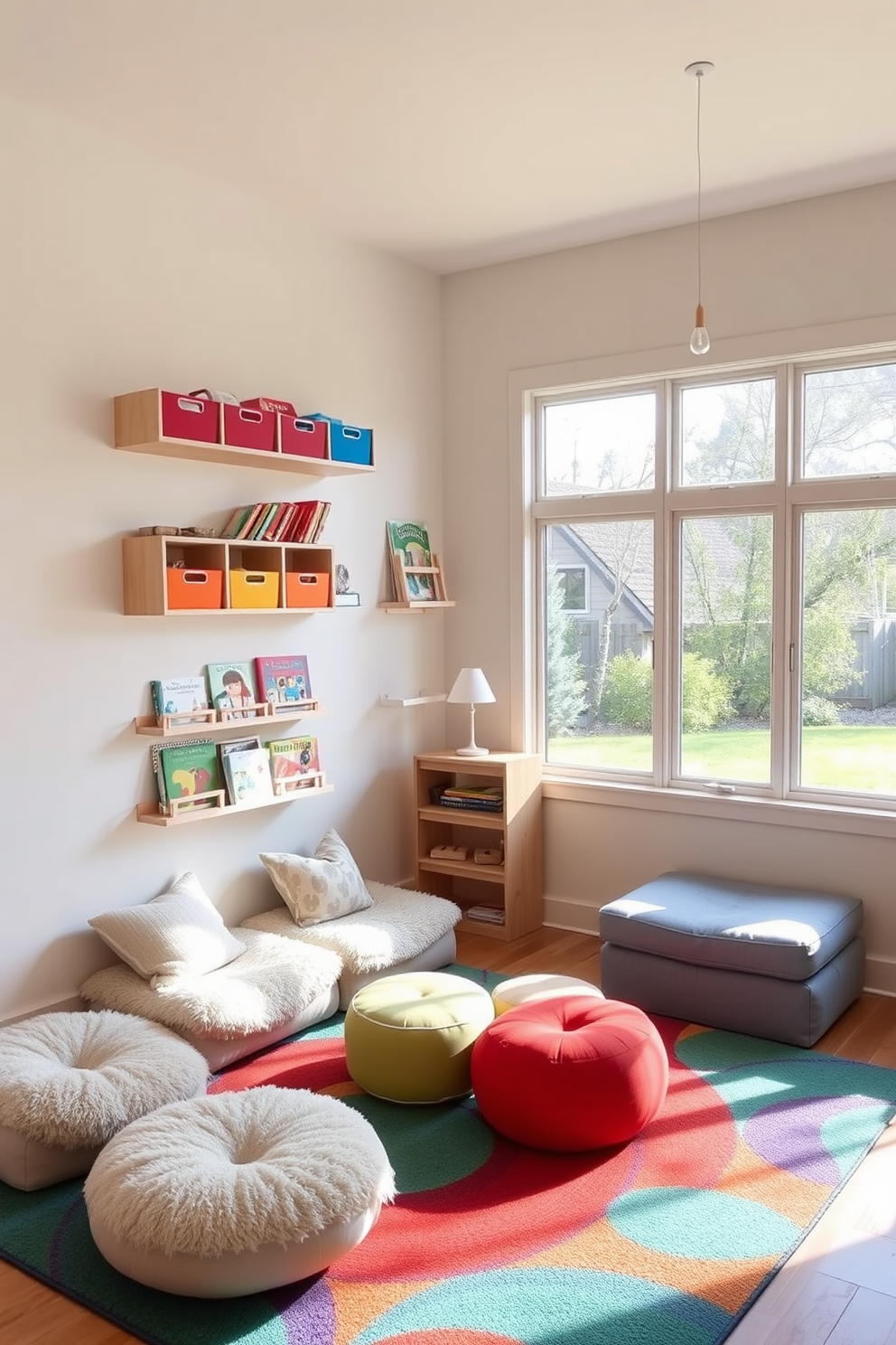 A cozy playroom with wall-mounted storage for toys and books. The shelves are made of light wood and are filled with colorful bins and neatly arranged books, creating an organized and inviting space. Soft, plush seating is arranged in a circle on a vibrant area rug, encouraging play and interaction. Large windows allow natural light to flood the room, enhancing the cheerful atmosphere.