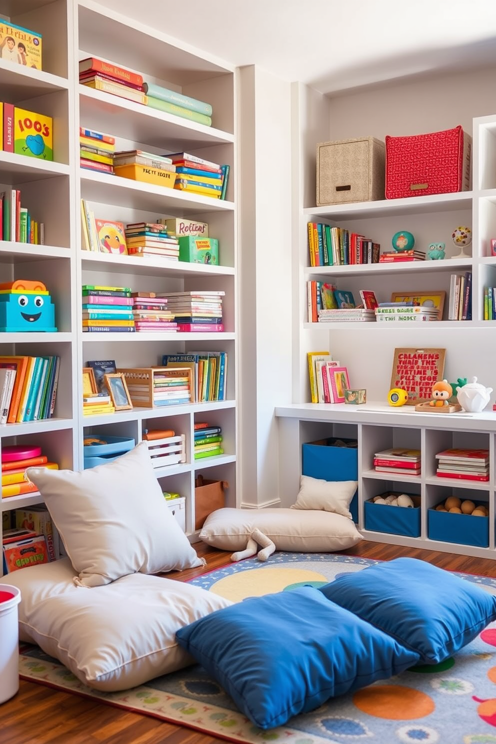 A bright and inviting playroom features open shelving filled with colorful toys and books, creating an organized yet playful atmosphere. A cozy seating area with soft cushions and a playful rug invites children to relax and engage in imaginative play.