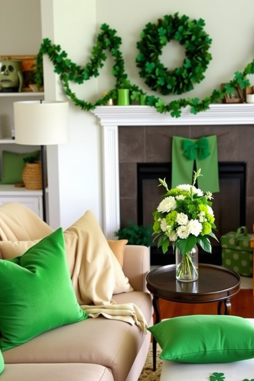 A cozy living room adorned with green throw pillows that add a touch of warmth and comfort. The space features a plush sofa with a soft blanket draped over the armrest, creating an inviting atmosphere perfect for relaxation. St. Patrick's Day decorations subtly enhance the room's charm with cheerful accents. A festive garland of shamrocks hangs above the fireplace, while a small table displays a centerpiece of fresh flowers in shades of green and white.