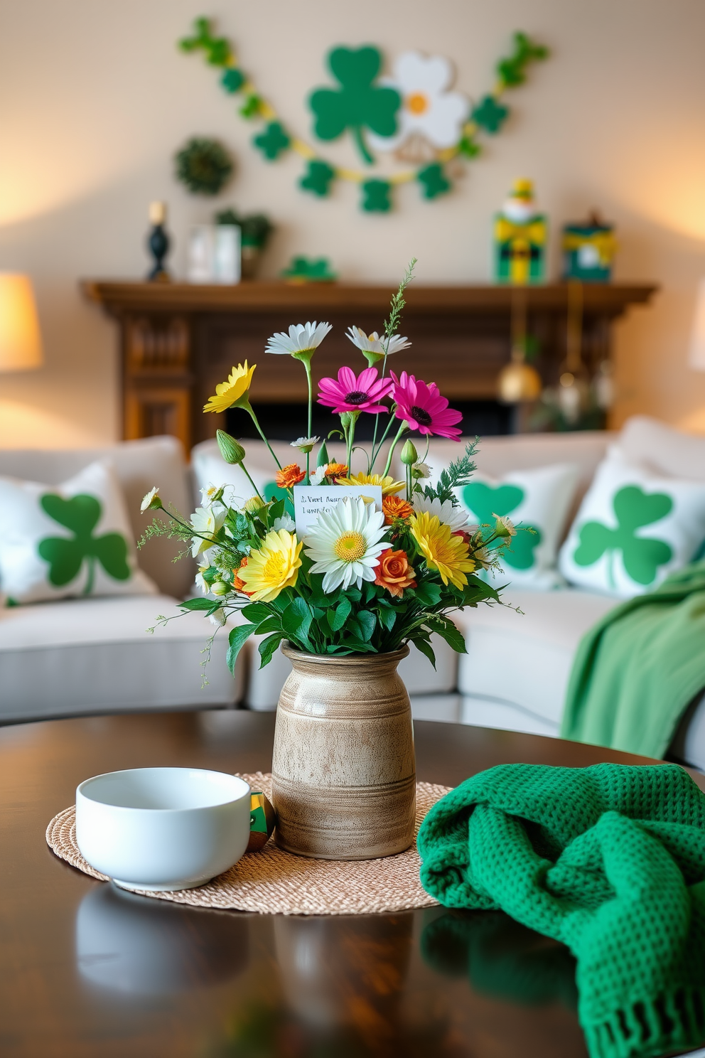 A charming table centerpiece featuring a vibrant arrangement of fresh flowers in a rustic ceramic vase. The centerpiece is surrounded by green and gold accents, reflecting the festive spirit of St. Patrick's Day. The living room is adorned with playful decorations, including shamrock-themed throw pillows and a cozy green blanket draped over the sofa. Soft lighting creates a warm ambiance, enhancing the cheerful atmosphere of the celebration.