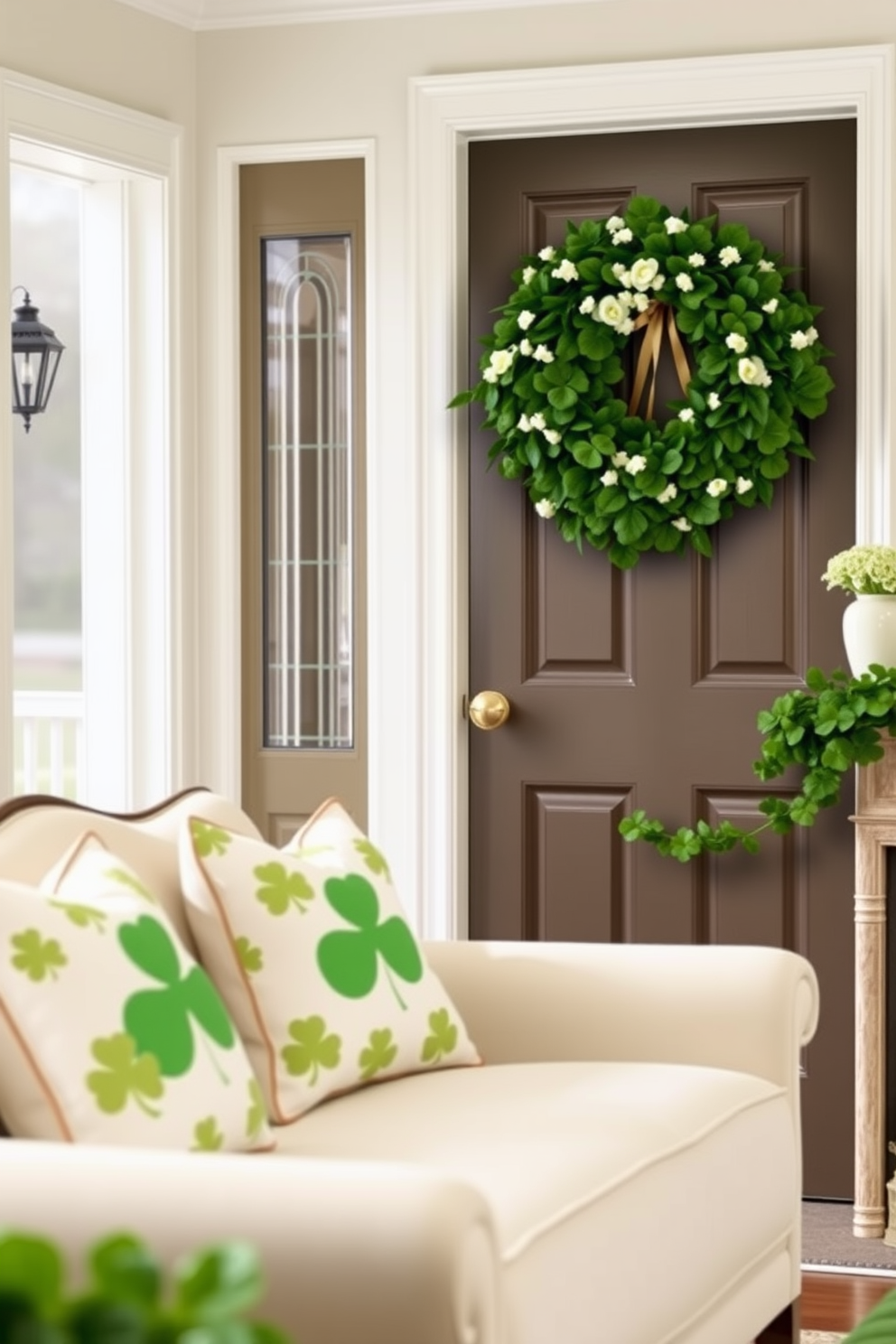 A beautiful front door adorned with a lush greenery wreath that adds a touch of nature to the entrance. The wreath is made of vibrant green leaves and delicate white flowers, creating an inviting and festive atmosphere. The living room is elegantly decorated for St. Patrick's Day, featuring soft green accents and gold decor. A cozy sofa is adorned with shamrock-patterned cushions, and a cheerful garland of shamrocks drapes across the mantelpiece.