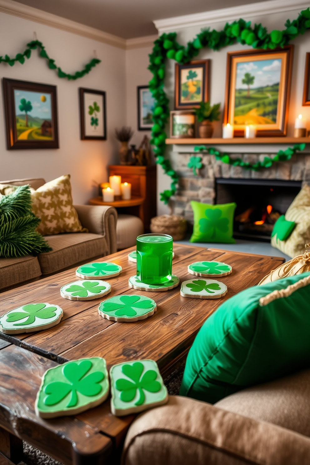 A cozy living room adorned with St. Patrick's Day themed coasters featuring vibrant green hues and whimsical shamrock designs. The coasters are placed on a rustic wooden coffee table, surrounded by plush green and gold cushions that enhance the festive atmosphere. The walls are decorated with playful green garlands and framed art showcasing Irish landscapes. A warm, inviting fireplace adds to the charm, with a few candles flickering softly to create a cheerful ambiance.