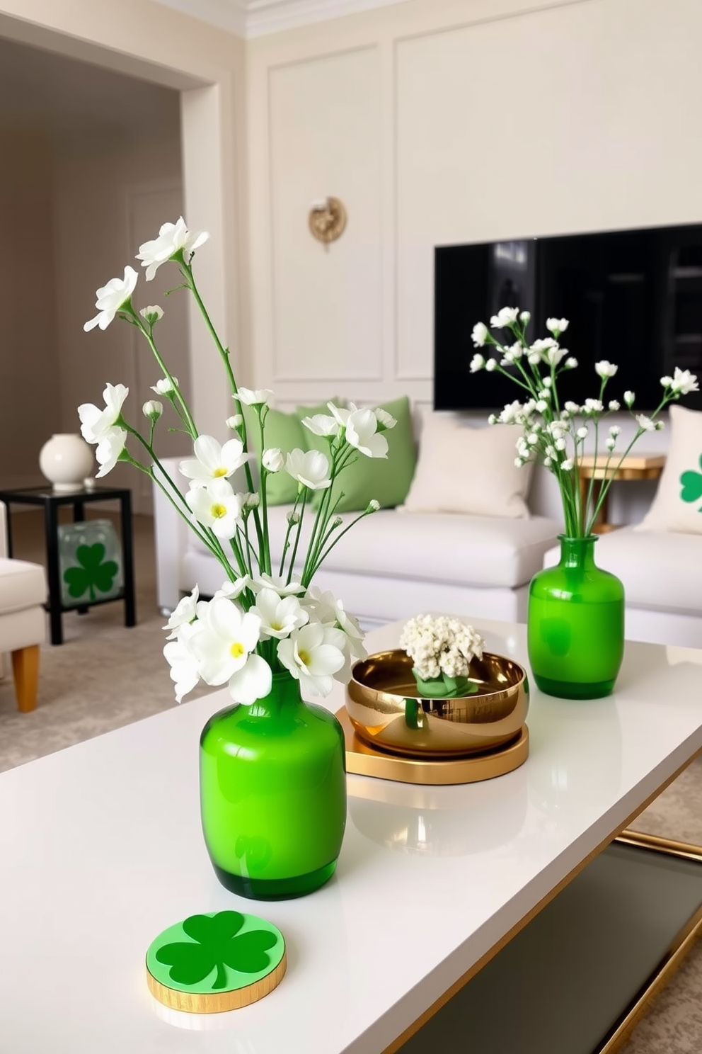 Chic green vases filled with fresh white flowers are elegantly arranged on a sleek coffee table. The living room features soft neutral tones with accents of gold, creating a sophisticated backdrop for the vibrant decor. To celebrate St. Patrick's Day, delicate green and white decorations are tastefully integrated throughout the space. Subtle touches like shamrock-themed coasters and festive cushions add a playful yet refined charm to the atmosphere.