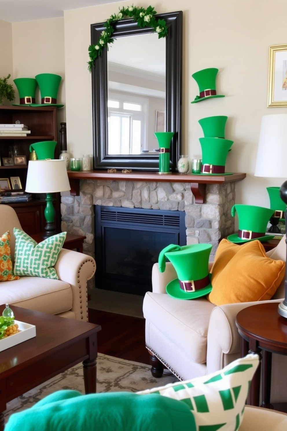 A cozy living room adorned with leprechaun hats as decorative accents. The hats are playfully arranged on shelves and side tables, adding a whimsical touch to the St. Patrick's Day decor.