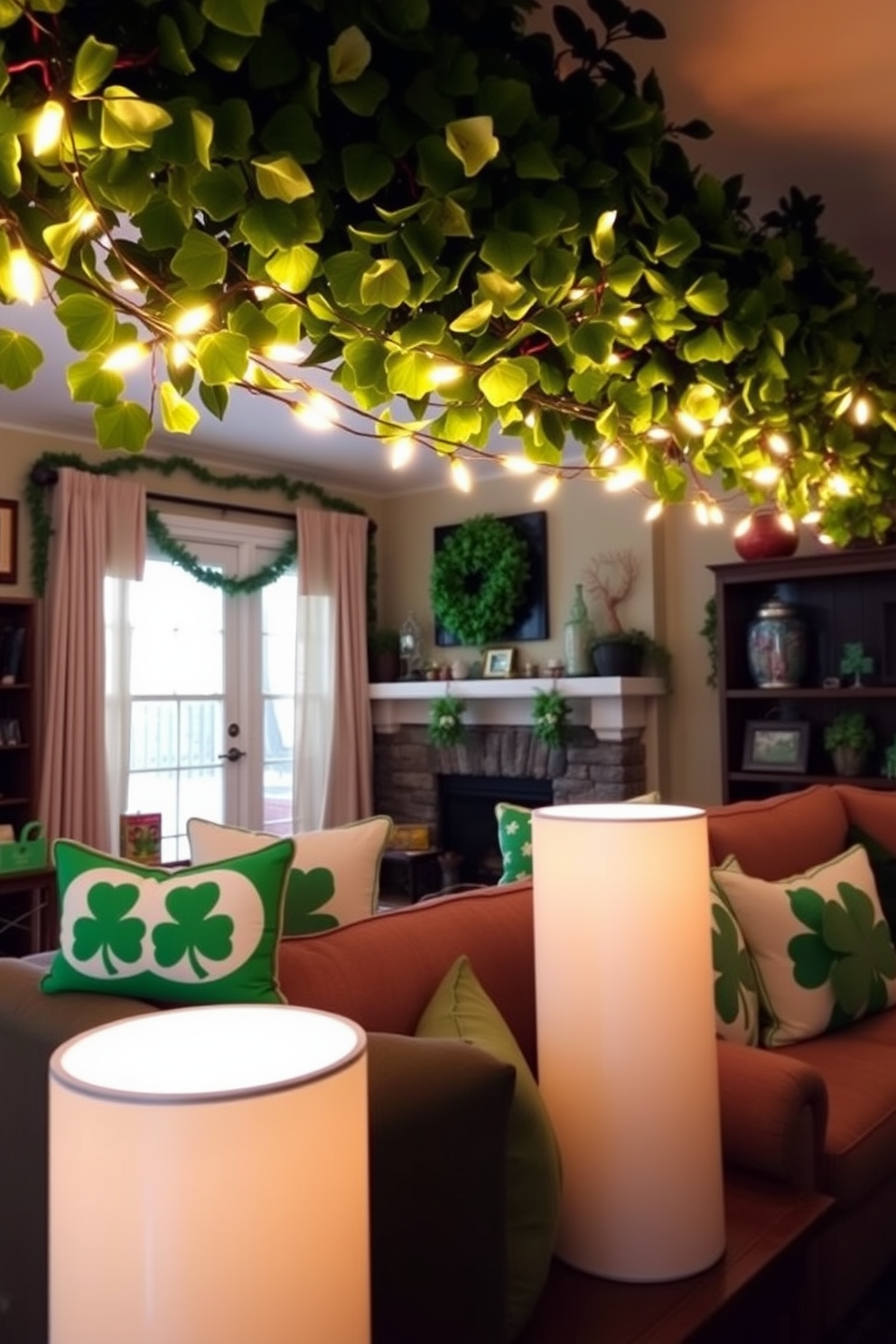 A cozy living room adorned for St. Patrick's Day features string lights elegantly wrapped around lush greenery. The room is filled with festive decorations, including shamrock-themed cushions and a warm, inviting atmosphere.