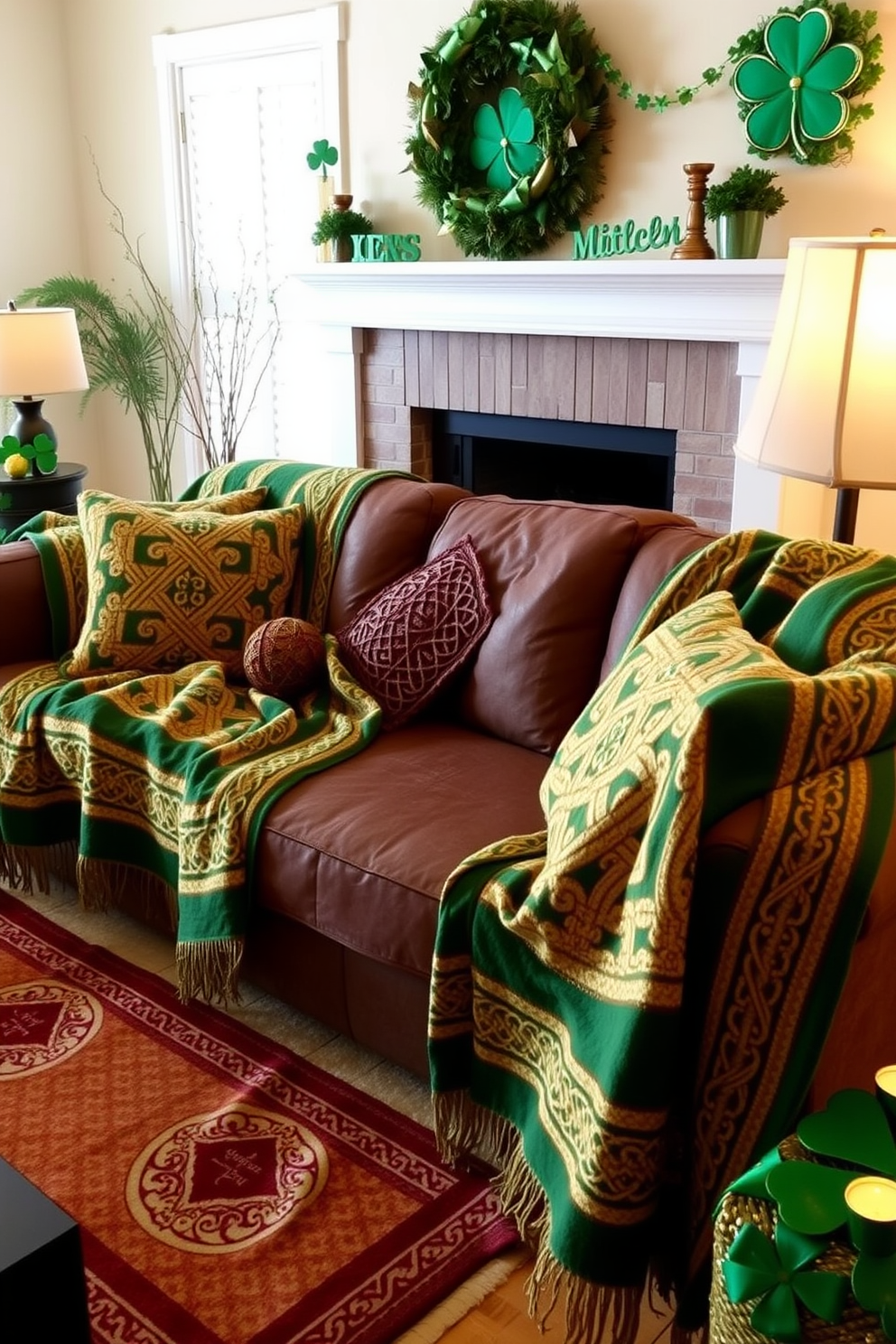 A cozy living room adorned with throw blankets featuring intricate Celtic knot designs in rich greens and golds. The space is enhanced with festive St. Patrick's Day decorations, including shamrock accents and soft lighting that creates a warm atmosphere.