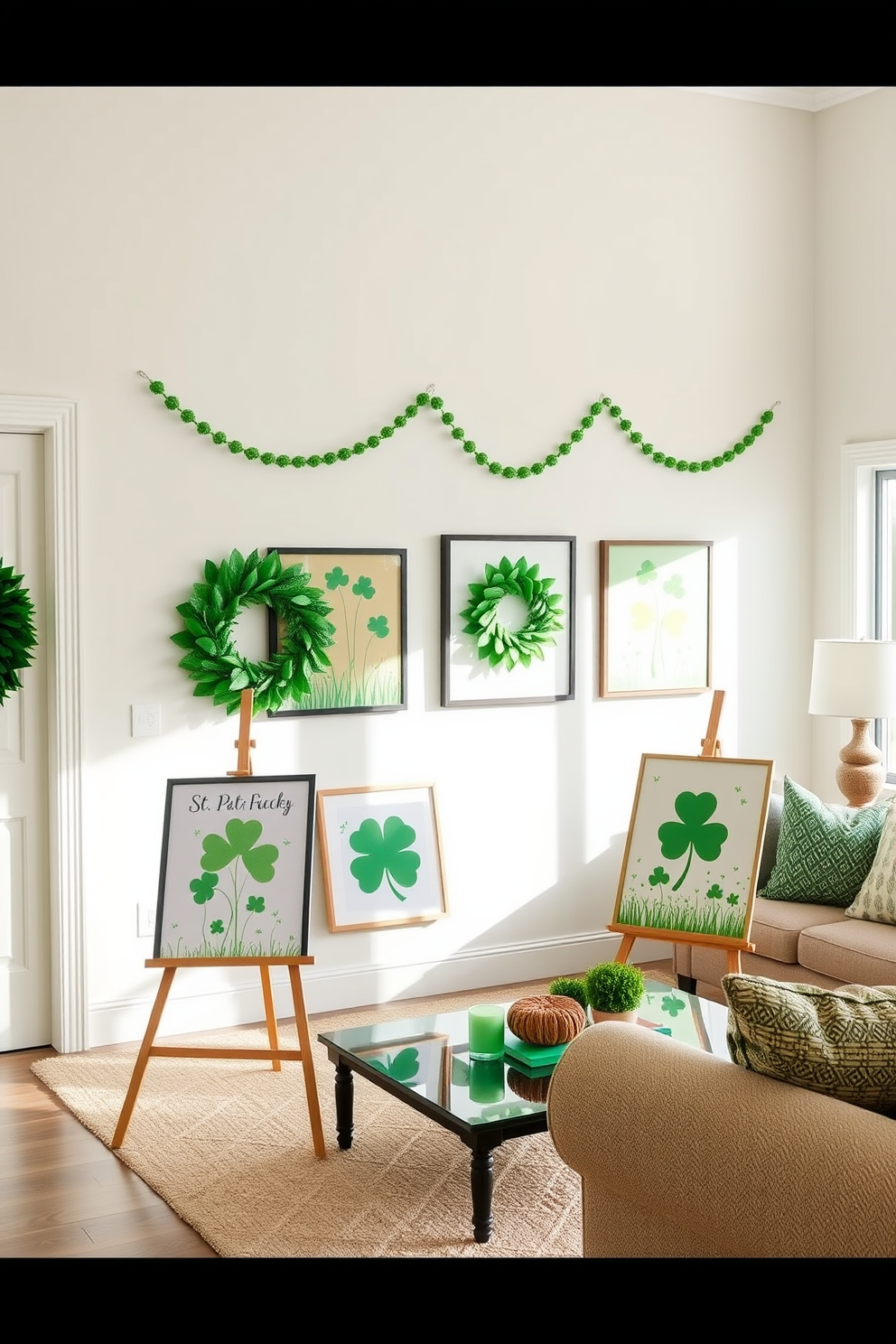 Seasonal artwork displayed on easels in a bright and airy living room. The walls are adorned with festive St. Patrick's Day decorations, featuring vibrant green accents and playful shamrock motifs.