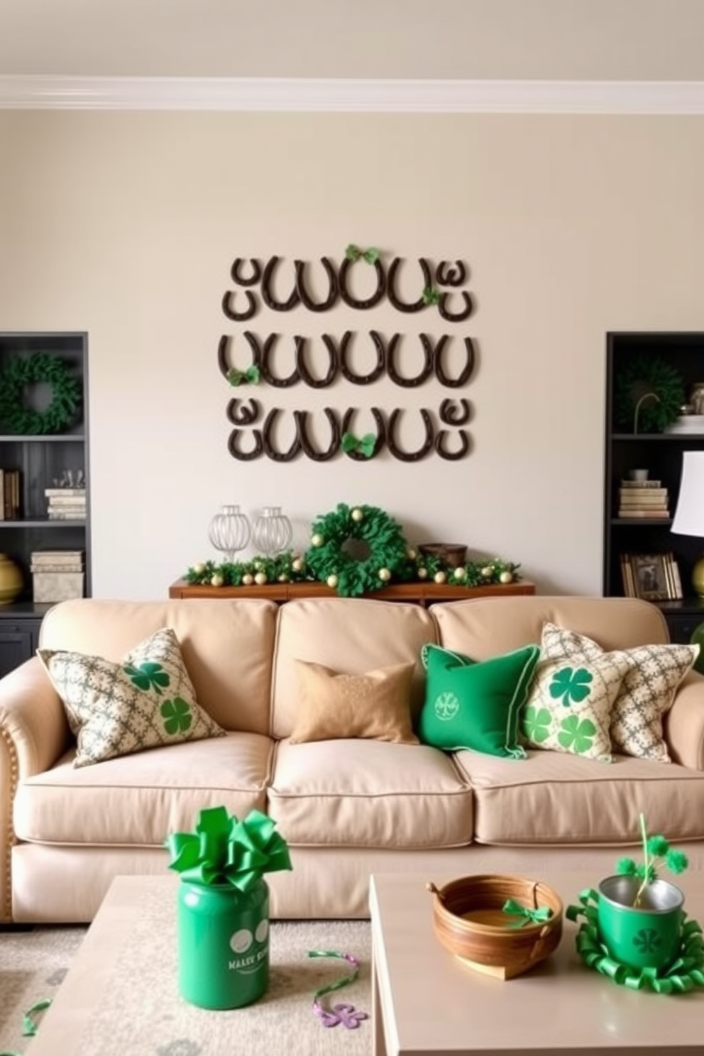 A charming living room adorned with lucky horseshoe wall decor. The horseshoes are arranged in an artistic pattern above a cozy sofa, complemented by festive St. Patrick's Day decorations.