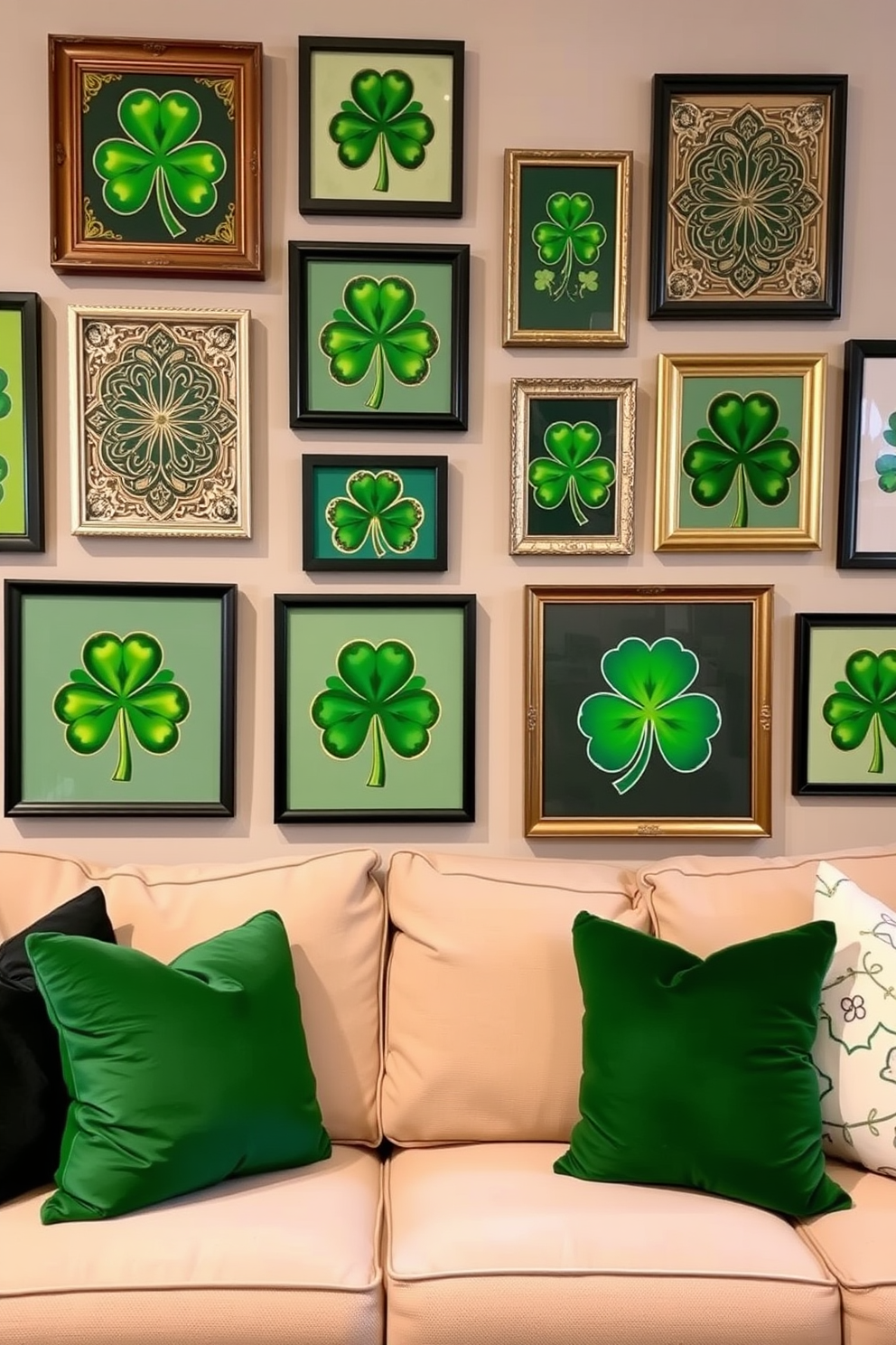 A cozy living room adorned with shamrock themed wall art creates a festive atmosphere for St. Patrick's Day. The walls are decorated with various green and gold framed prints showcasing intricate shamrock designs, complemented by plush green cushions on a neutral sofa.