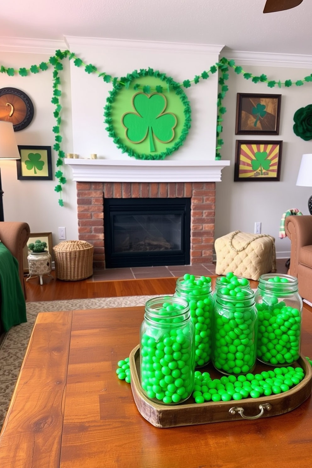 A cozy living room adorned for St. Patrick's Day features a rustic wooden coffee table topped with mason jars filled with vibrant green candies. The walls are decorated with festive garlands and shamrock-themed artwork, creating a cheerful and inviting atmosphere.