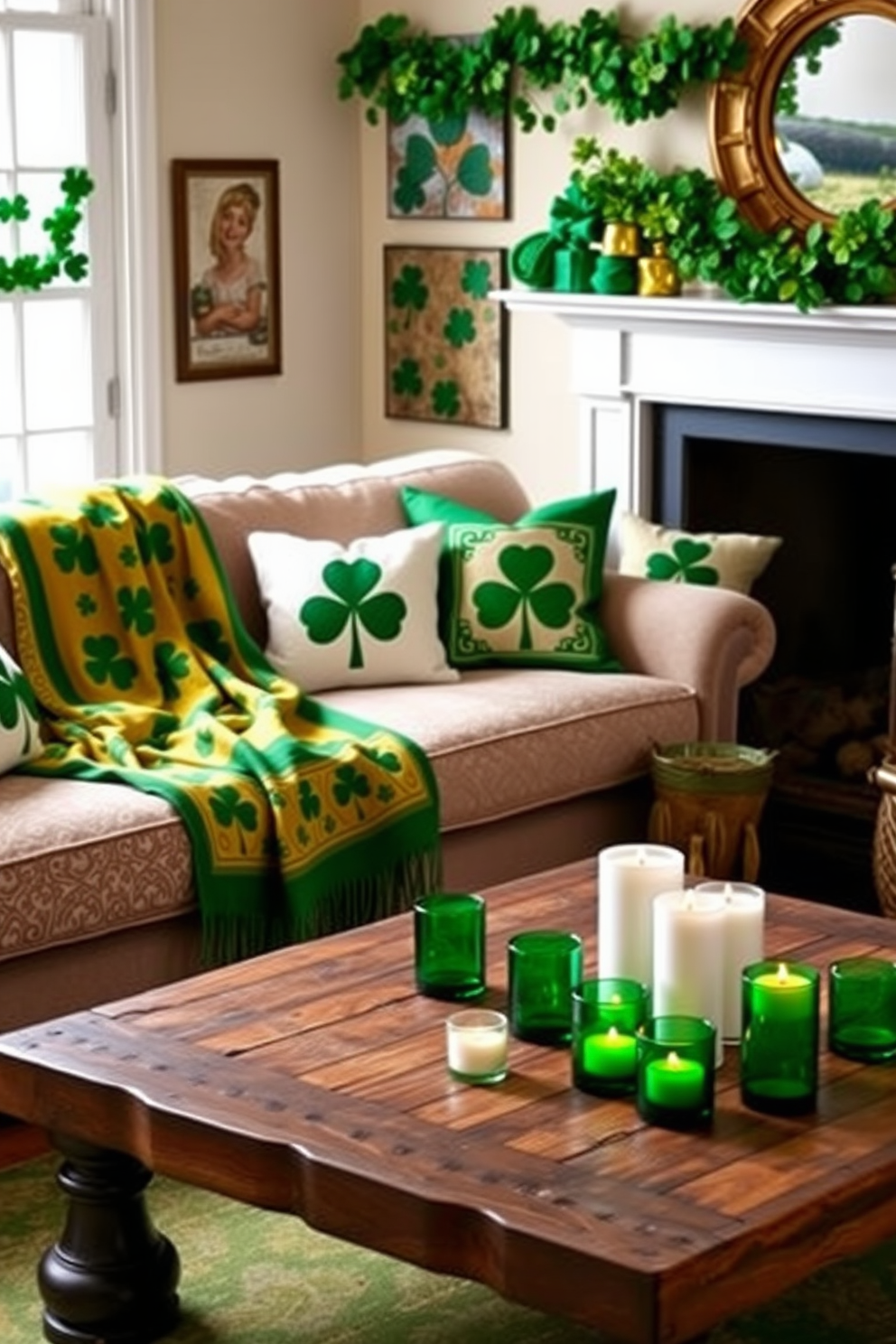 A cozy living room adorned with St. Patrick's Day themed throw blankets in vibrant shades of green and gold. The blankets are draped over a plush sofa, complemented by decorative pillows featuring shamrock patterns and Celtic designs. A festive atmosphere is enhanced by a garland of shamrocks hanging above the mantelpiece. A rustic coffee table holds a collection of candles in green glass holders, creating a warm and inviting space for celebrating the holiday.