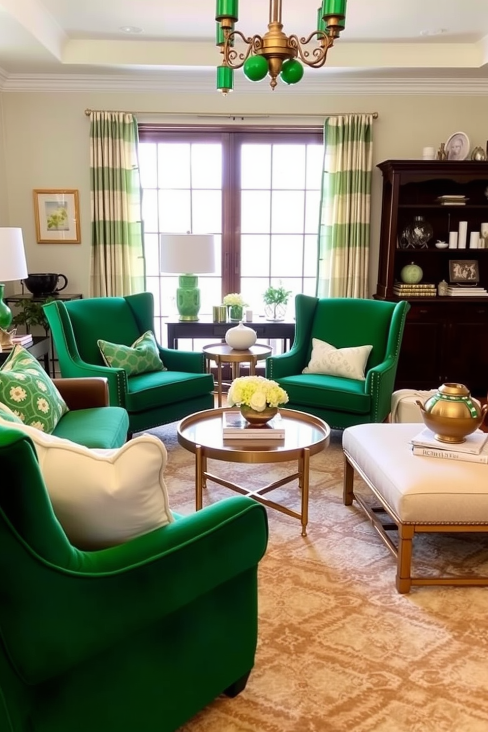 Accent chairs in vibrant green hues create a lively focal point in the living room. Complemented by gold accents and soft white textiles, the space exudes a festive St. Patrick's Day atmosphere.