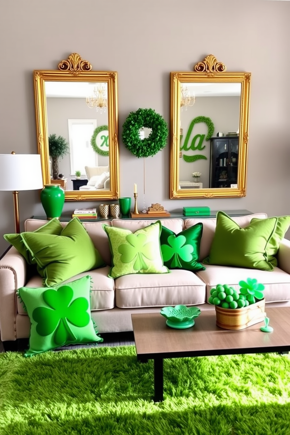 A stylish living room adorned for St. Patrick's Day. The space features gold framed mirrors that reflect the festive green decor and cheerful accents throughout the room. Plush green cushions are scattered across a neutral sofa, inviting comfort and warmth. Decorative elements include shamrock-themed throw pillows and a vibrant green area rug that ties the theme together.