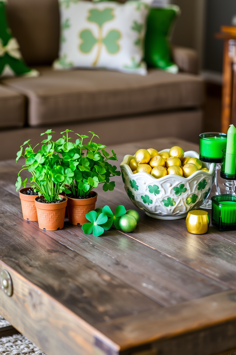 A rustic wooden coffee table is adorned with a variety of green and gold decorations to celebrate St. Patrick's Day. A cluster of small potted shamrocks sits alongside a decorative bowl filled with gold-wrapped chocolates and a few candles in green glass holders.