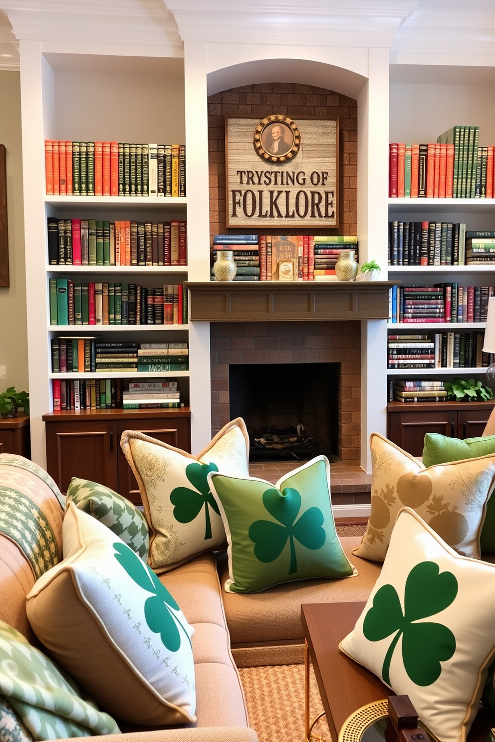 A cozy living room adorned with shelves filled with Irish folklore books, their colorful spines creating a vibrant visual appeal. Soft green and gold accents throughout the space evoke the spirit of St. Patrick's Day, with decorative pillows and throws featuring shamrock patterns.