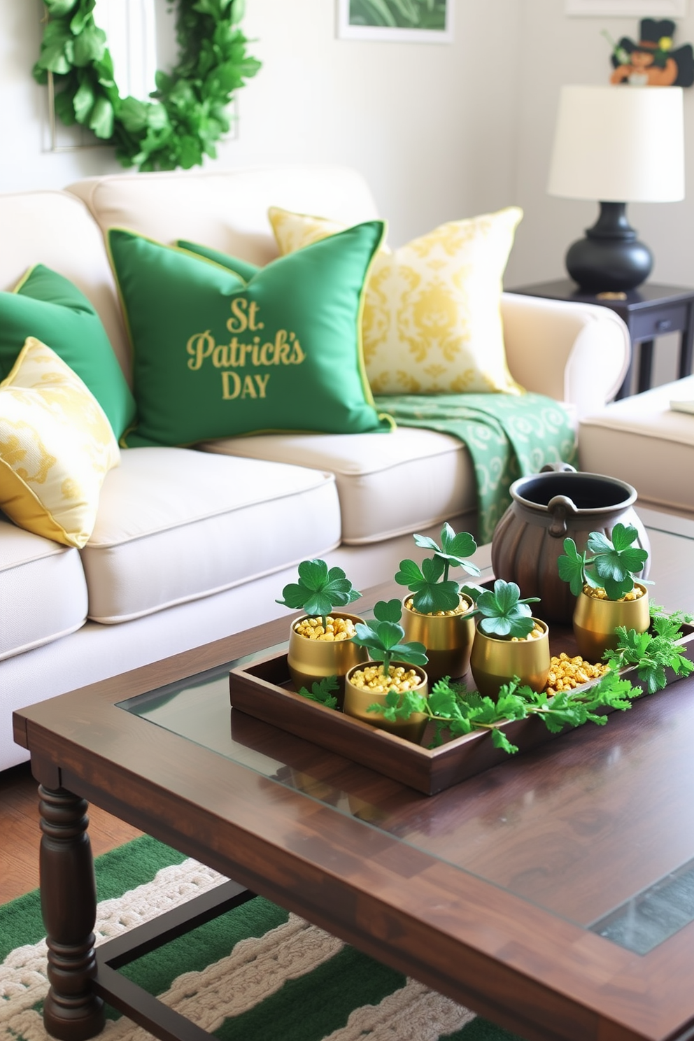 Create a charming living room setting for St. Patrick's Day. The space features a cozy sofa adorned with green and gold cushions, complemented by a coffee table decorated with miniature pots of gold and festive shamrocks.