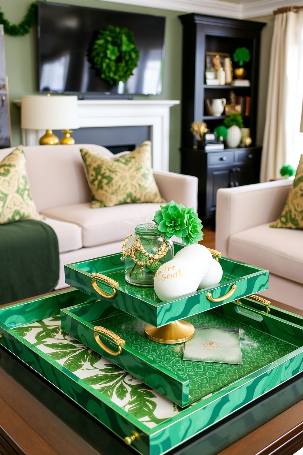 A stylish living room setting adorned with green and gold decorative trays. The trays are artfully arranged on a coffee table, complemented by seasonal St. Patrick's Day decorations such as shamrocks and gold accents.