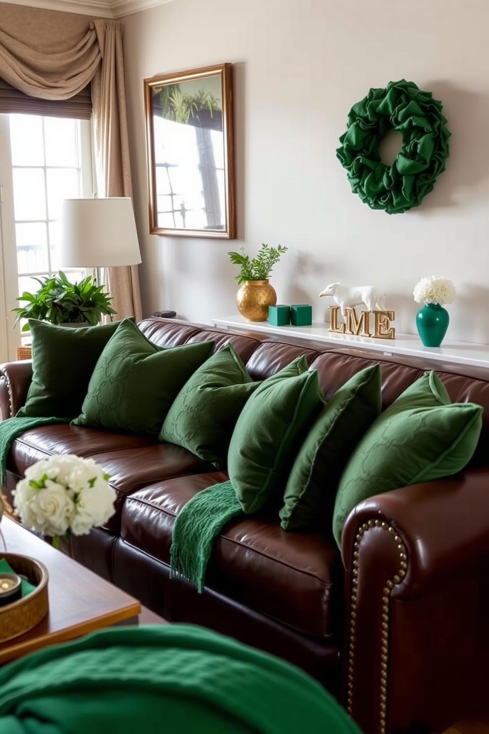 A cozy living room adorned with layered textures featuring rich green fabrics. Plush green cushions are arranged on a deep brown leather sofa, creating a warm and inviting atmosphere. Elegant St. Patrick's Day decorations are tastefully placed throughout the room. Subtle touches of gold and white accents complement the green theme, enhancing the festive spirit without overwhelming the space.