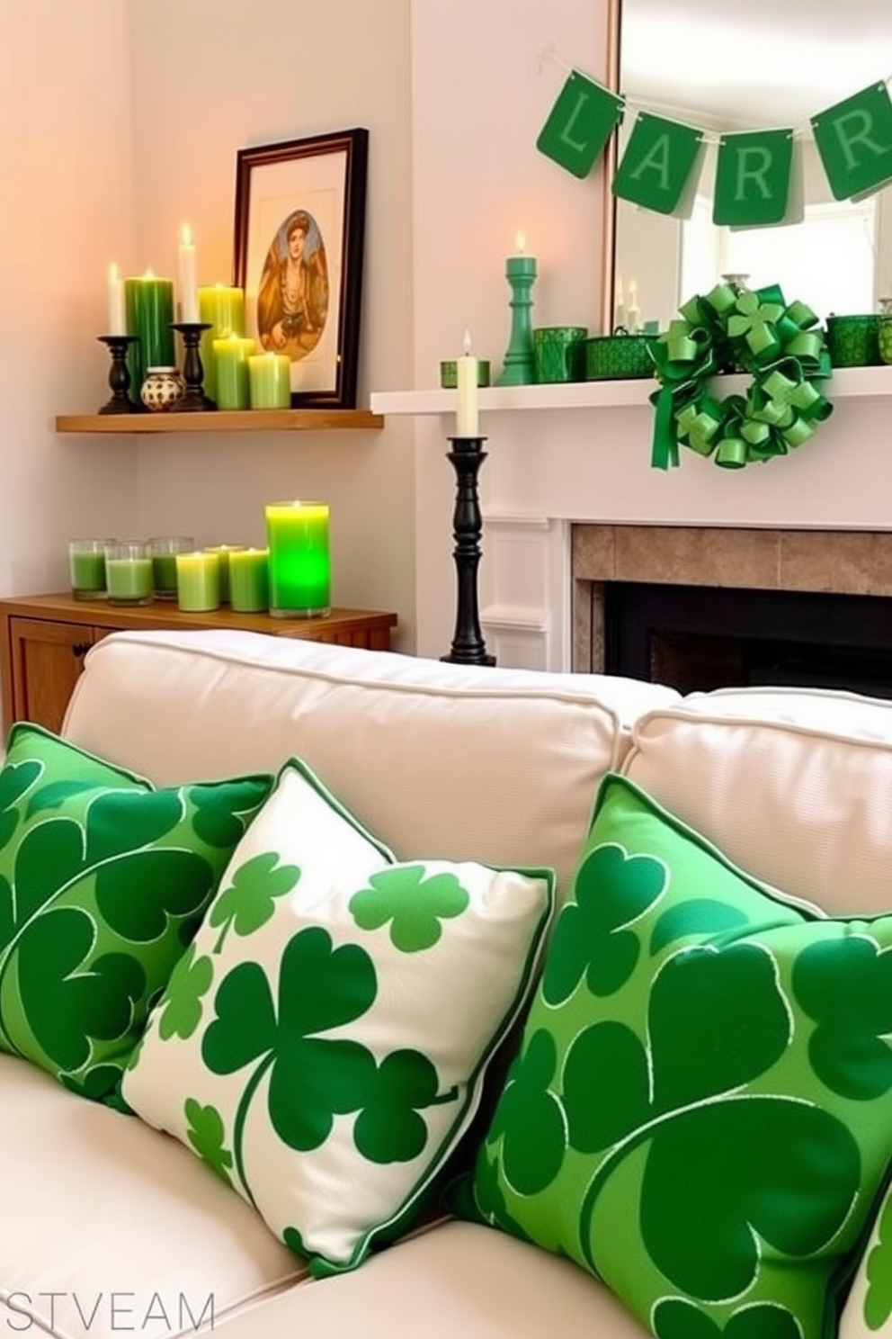 A cozy living room adorned for St. Patrick's Day features seasonal scented candles in various shades of green. Plush cushions with shamrock patterns are scattered across a soft cream sofa, creating a festive yet inviting atmosphere.