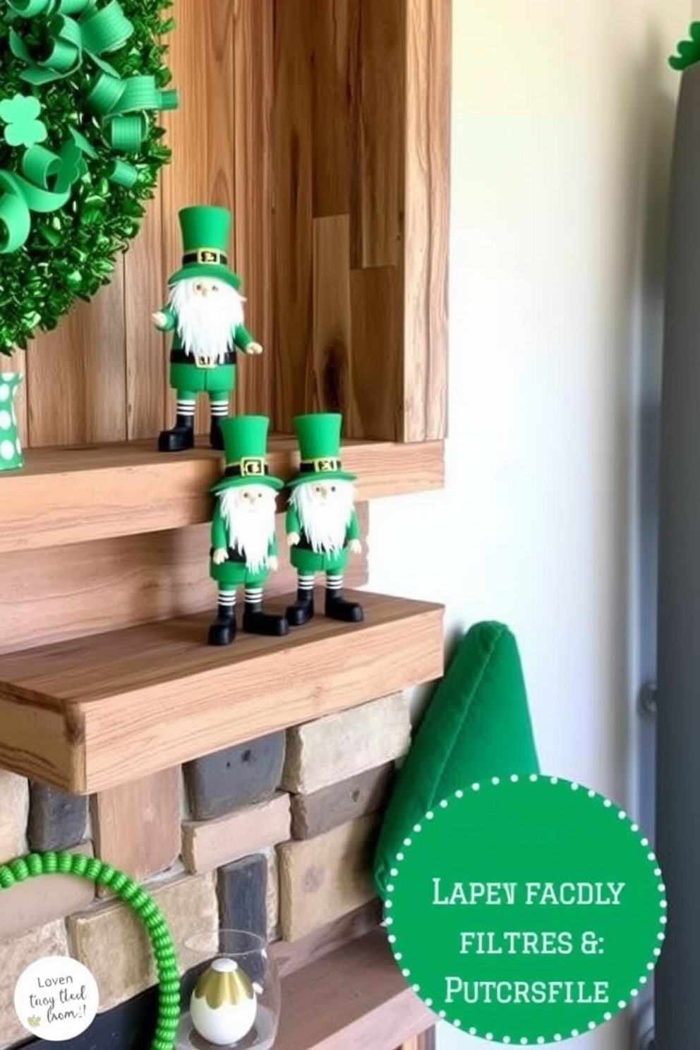 DIY leprechaun figurines are playfully arranged on rustic wooden shelves, adding a whimsical touch to the living room. The shelves are adorned with green and gold accents, creating a festive atmosphere for St. Patrick's Day celebrations.