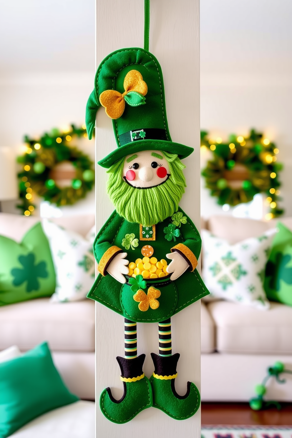 A whimsical leprechaun door hanger is crafted from vibrant green felt adorned with playful embellishments. It features a smiling leprechaun with a pot of gold and shamrocks, perfect for welcoming guests during St. Patrick's Day celebrations. In the living room, add festive touches with green and gold throw pillows on the sofa. Incorporate garlands of shamrocks and twinkling fairy lights to create a cheerful and inviting atmosphere for the holiday.