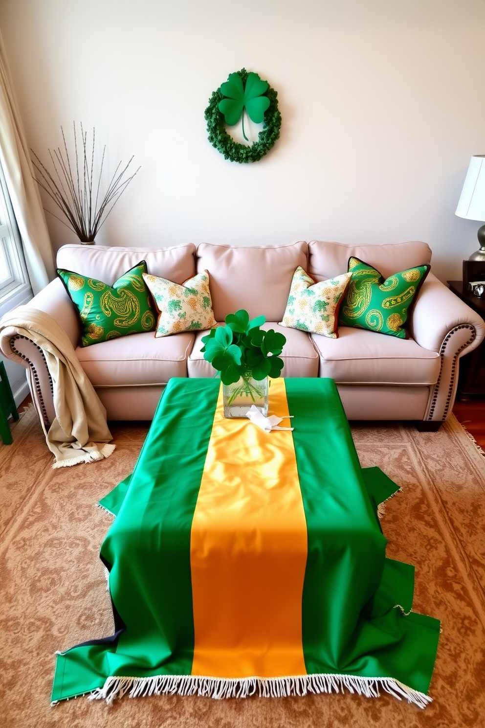 A cozy living room adorned for St. Patrick's Day features a large, inviting sofa draped with Irish flag colored table runners. The runners elegantly cascade over the coffee table, complemented by green and gold decorative pillows and a cheerful centerpiece of shamrocks.