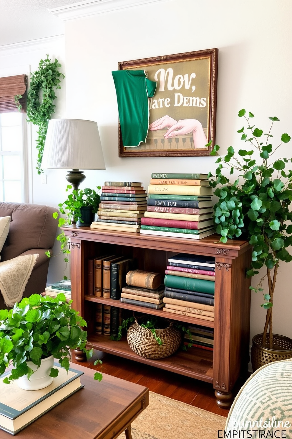 A cozy living room adorned with vintage books stacked on a rustic wooden shelf. Lush greenery accents are placed throughout the space, bringing life and freshness to the St. Patrick's Day decor.