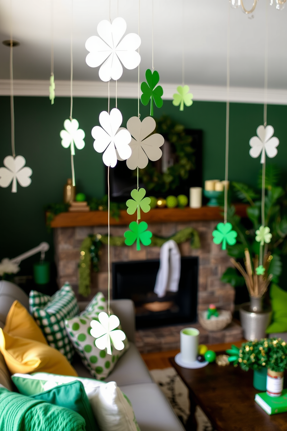 A cozy living room adorned for St. Patrick's Day features hanging paper shamrocks gracefully suspended from the ceiling. The space is filled with green and gold accents, creating a festive atmosphere that invites warmth and celebration.