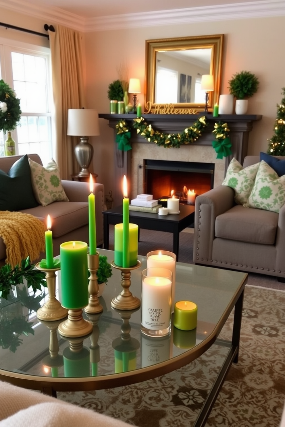 A festive living room adorned with green and gold candles creating a warm and inviting atmosphere. The candles are arranged on a stylish coffee table surrounded by plush seating and St. Patrick's Day decorations that add a touch of charm.