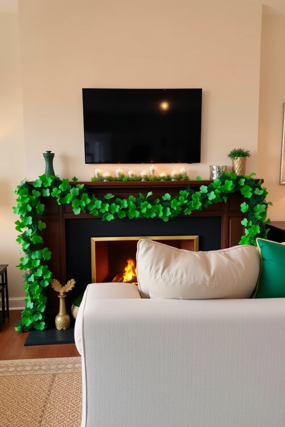 A cozy living room adorned with a decorative garland made of vibrant green clovers. The garland drapes elegantly across the mantelpiece, complemented by soft lighting that creates a warm and inviting atmosphere for St. Patrick's Day celebrations.