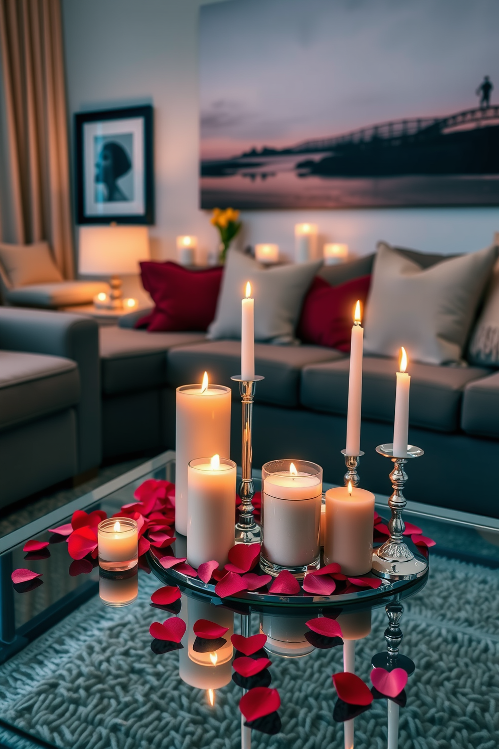 A cozy living room setting adorned with romantic candle arrangements on a stylish coffee table. The table features an assortment of candles in varying heights, surrounded by rose petals and small decorative hearts for a warm Valentine's Day ambiance.