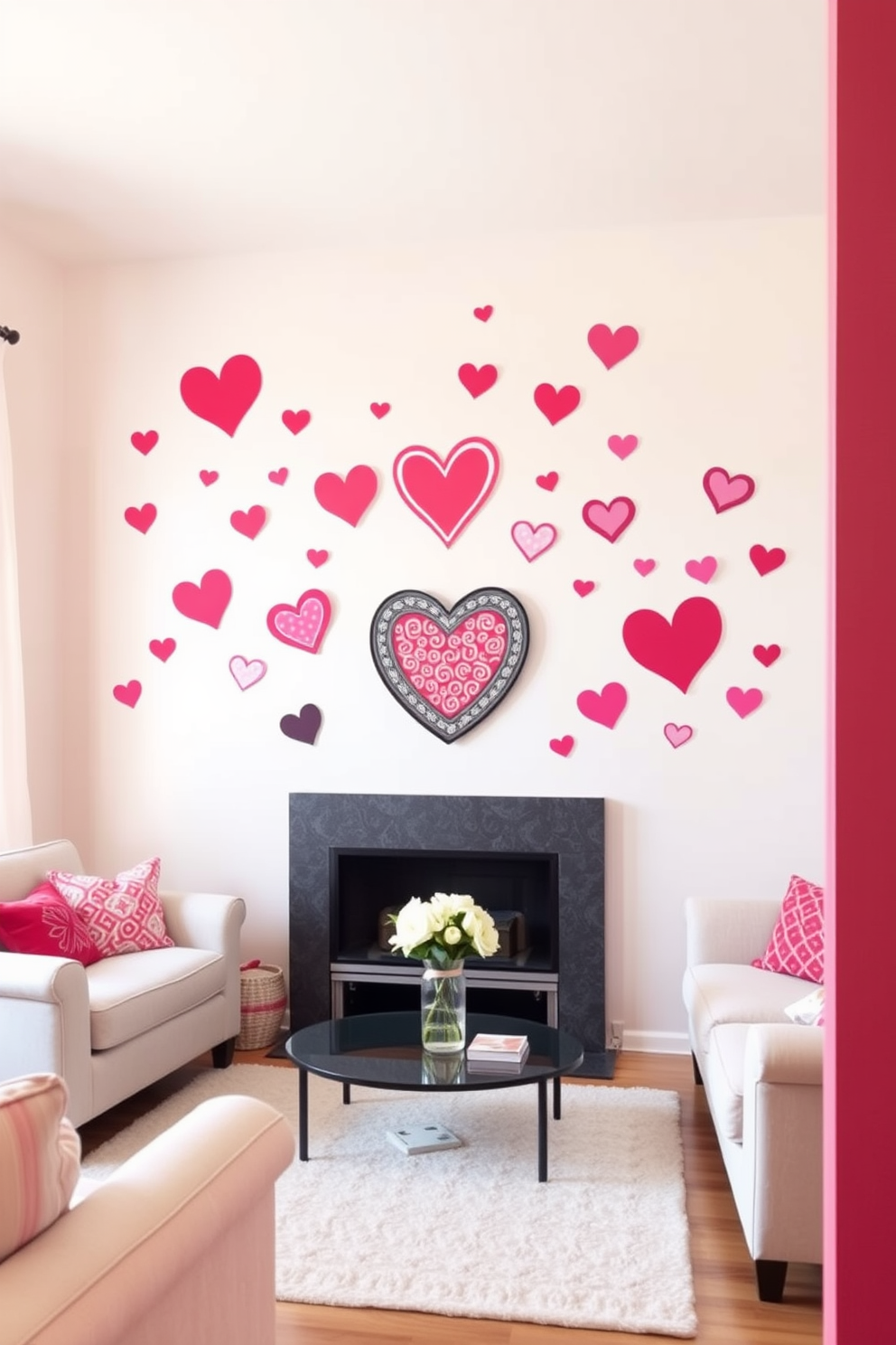 A cozy living room adorned with whimsical heart-shaped wall decals in various sizes and colors. The decals are playfully arranged on a soft pastel backdrop, creating a cheerful and festive atmosphere for Valentine's Day.