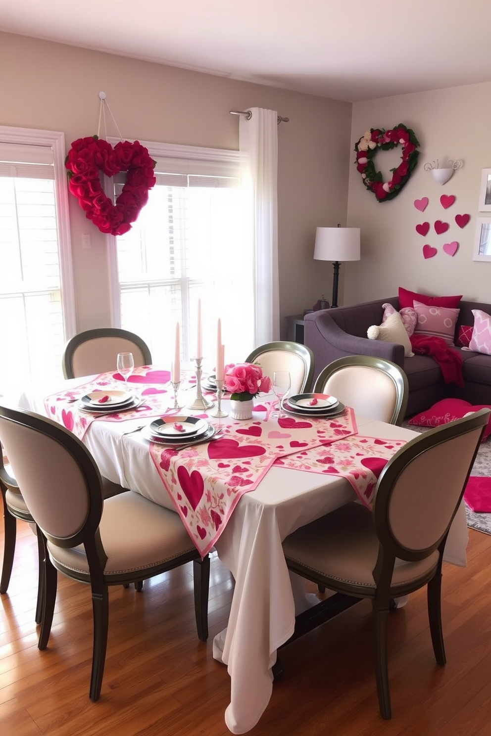 A festive table runner adorned with hearts and floral patterns stretches across a beautifully set dining table. Surrounding the table are elegant chairs with plush cushions, and soft candlelight adds a warm glow to the romantic atmosphere. In the living room, playful Valentine-themed decorations bring a cheerful vibe. Heart-shaped pillows and throws are scattered across a cozy sofa, while a charming wreath made of roses hangs on the wall.