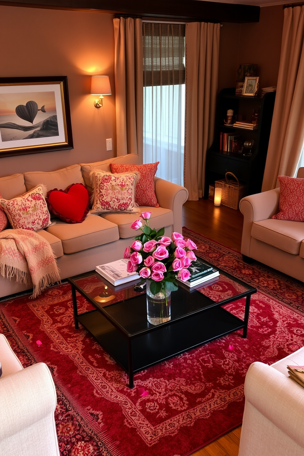 A cozy living room adorned with layered rugs in warm tones creates an inviting atmosphere. The rugs feature rich textures and colors, harmonizing beautifully with the furniture and decor. For Valentine's Day, the space is decorated with romantic touches such as heart-shaped cushions and soft, ambient lighting. A vase filled with fresh roses sits on the coffee table, adding a charming focal point to the room.