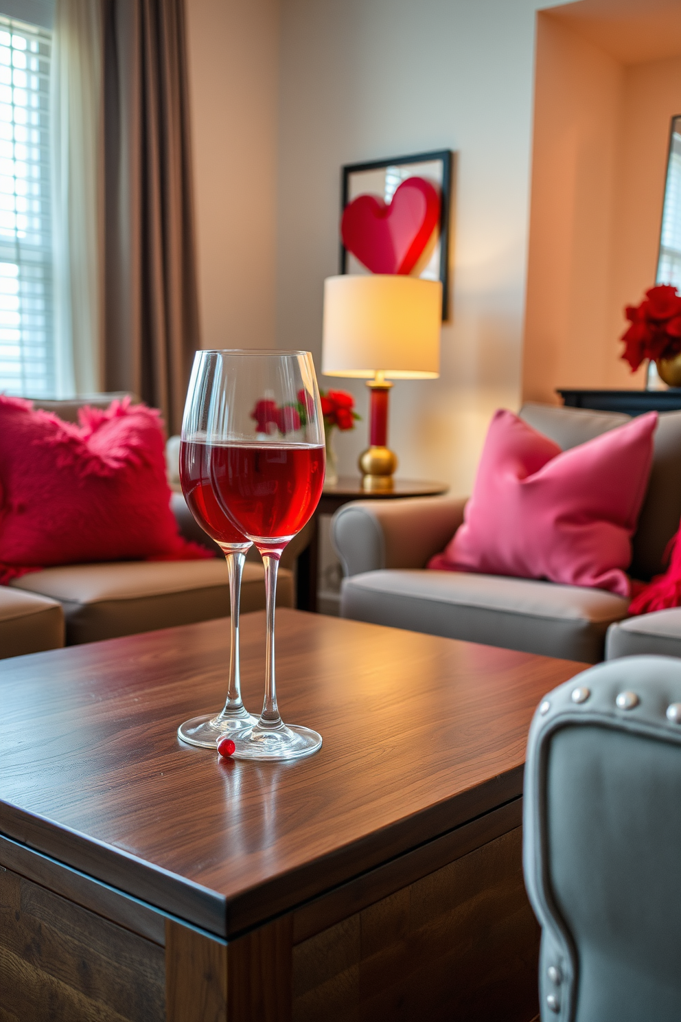 A stylish living room adorned for Valentine's Day features elegant wine glasses with red accents placed on a polished wooden coffee table. Soft lighting casts a warm glow over plush seating, while decorative pillows in shades of red and pink add a romantic touch to the space.