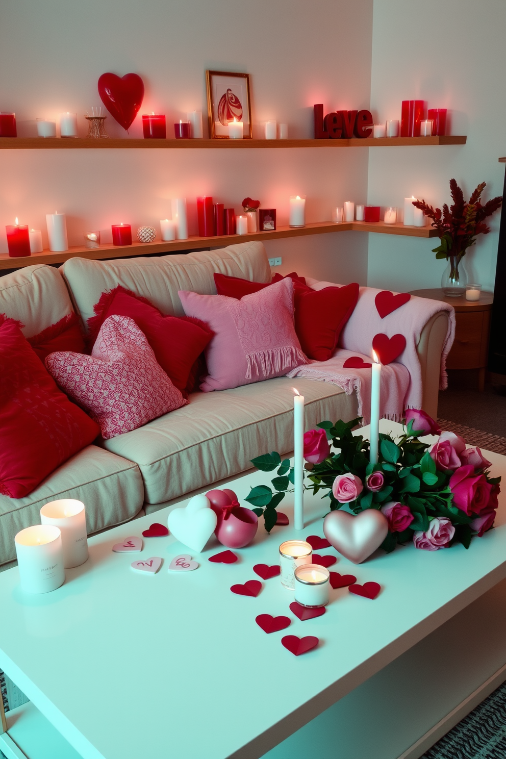 A cozy living room adorned with seasonal scented candles that create a warm and inviting atmosphere. Plush cushions in shades of red and pink are scattered on a soft beige sofa, and a heart-themed throw blanket drapes over the armrest. A beautifully arranged coffee table showcases an assortment of heart-shaped decorations and a bouquet of fresh roses. Soft, ambient lighting enhances the romantic vibe, making it the perfect setting for a Valentine's Day celebration.