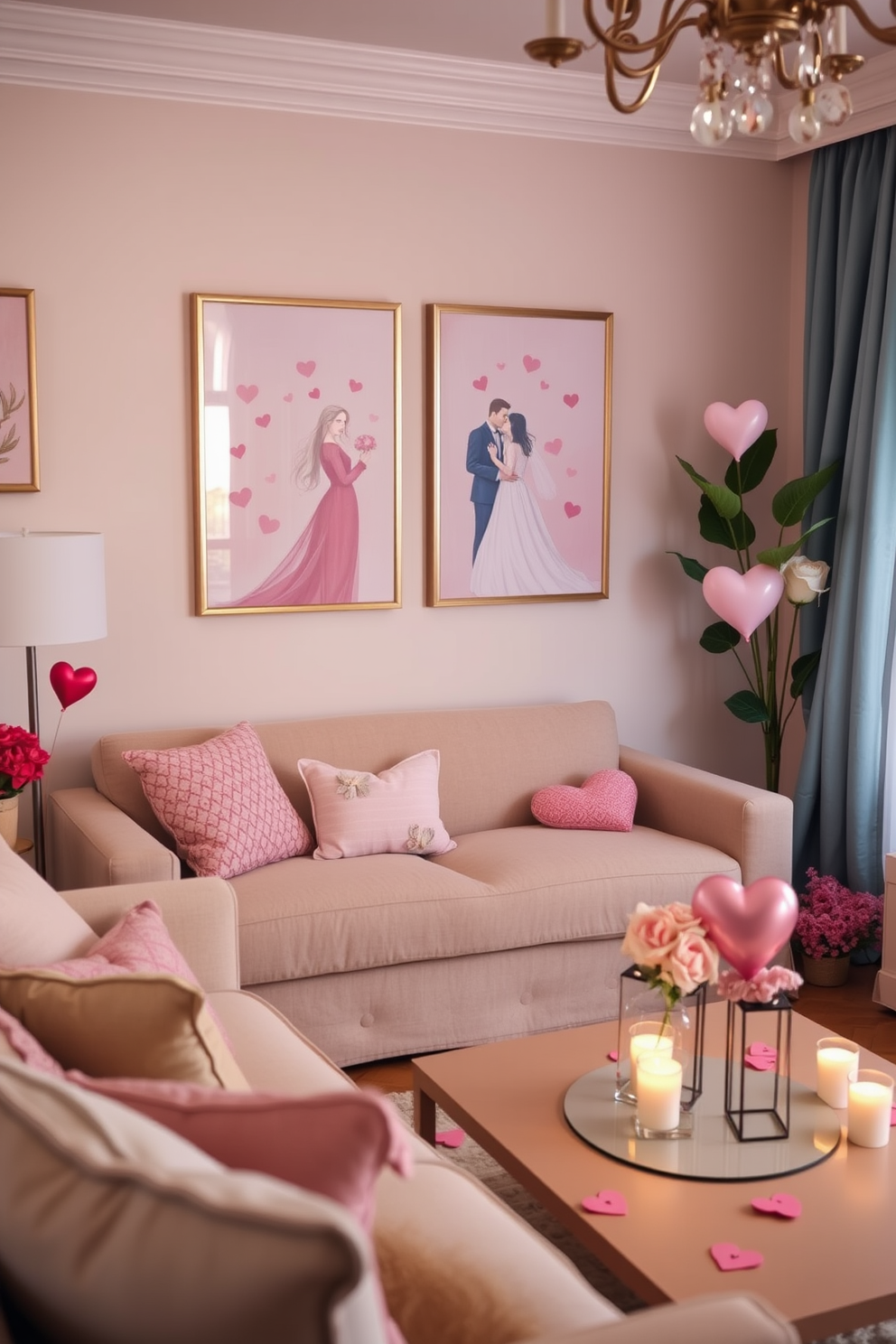 A cozy living room adorned with romantic artwork featuring couples in soft pastel colors. Heart-themed decorations are tastefully arranged throughout the space, creating a warm and inviting atmosphere for Valentine's Day.