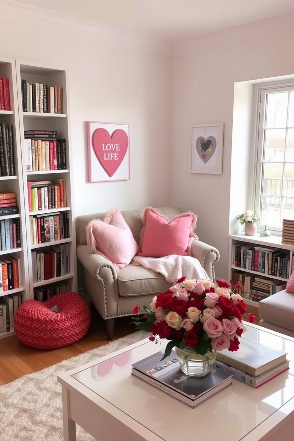 Cozy reading nook with plush cushions. A comfortable armchair is positioned by a large window, surrounded by bookshelves filled with various novels. Living Room Valentines Day Decorating Ideas. Soft pink and red accents are incorporated through decorative pillows, heart-shaped wall art, and a beautifully arranged bouquet on the coffee table.