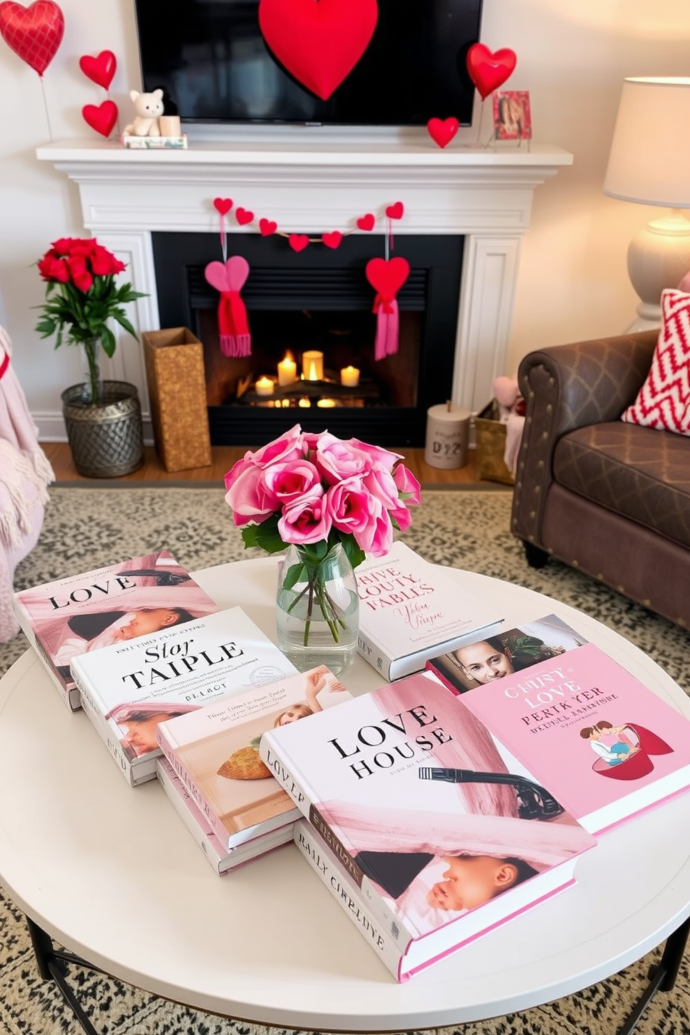 A cozy living room adorned for Valentine's Day features a stylish coffee table displaying an array of beautifully designed coffee table books. Each book is themed around love and romance, with soft pink and red covers that complement the festive decor.