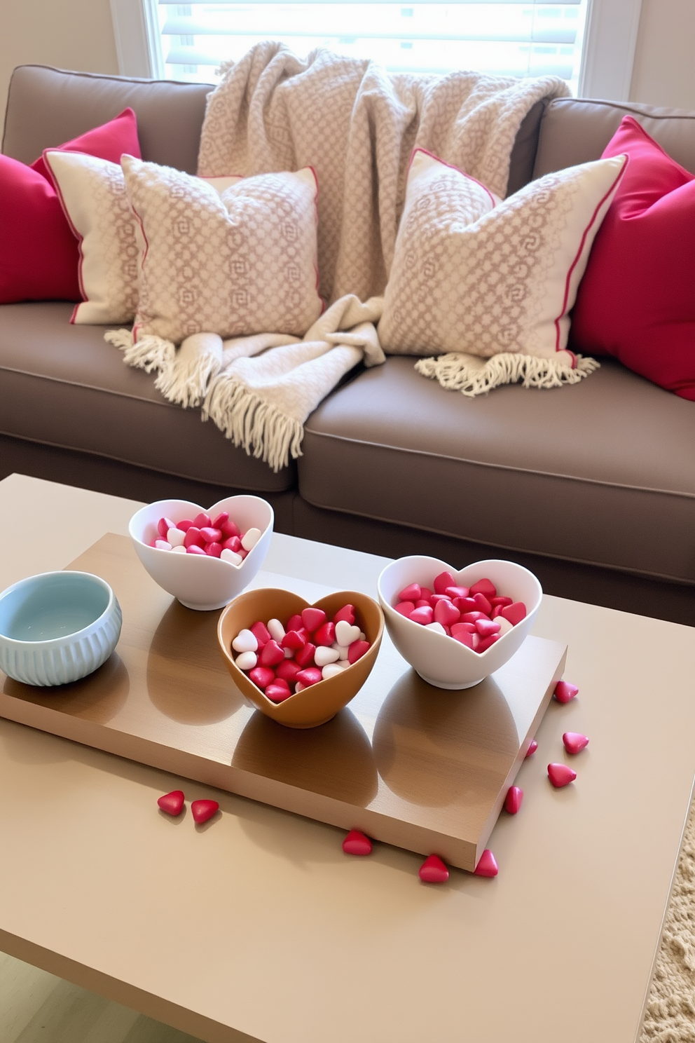 A cozy living room setting adorned for Valentine's Day. Decorative bowls filled with heart-shaped candies are artfully arranged on a coffee table, surrounded by soft cushions and a warm throw blanket.