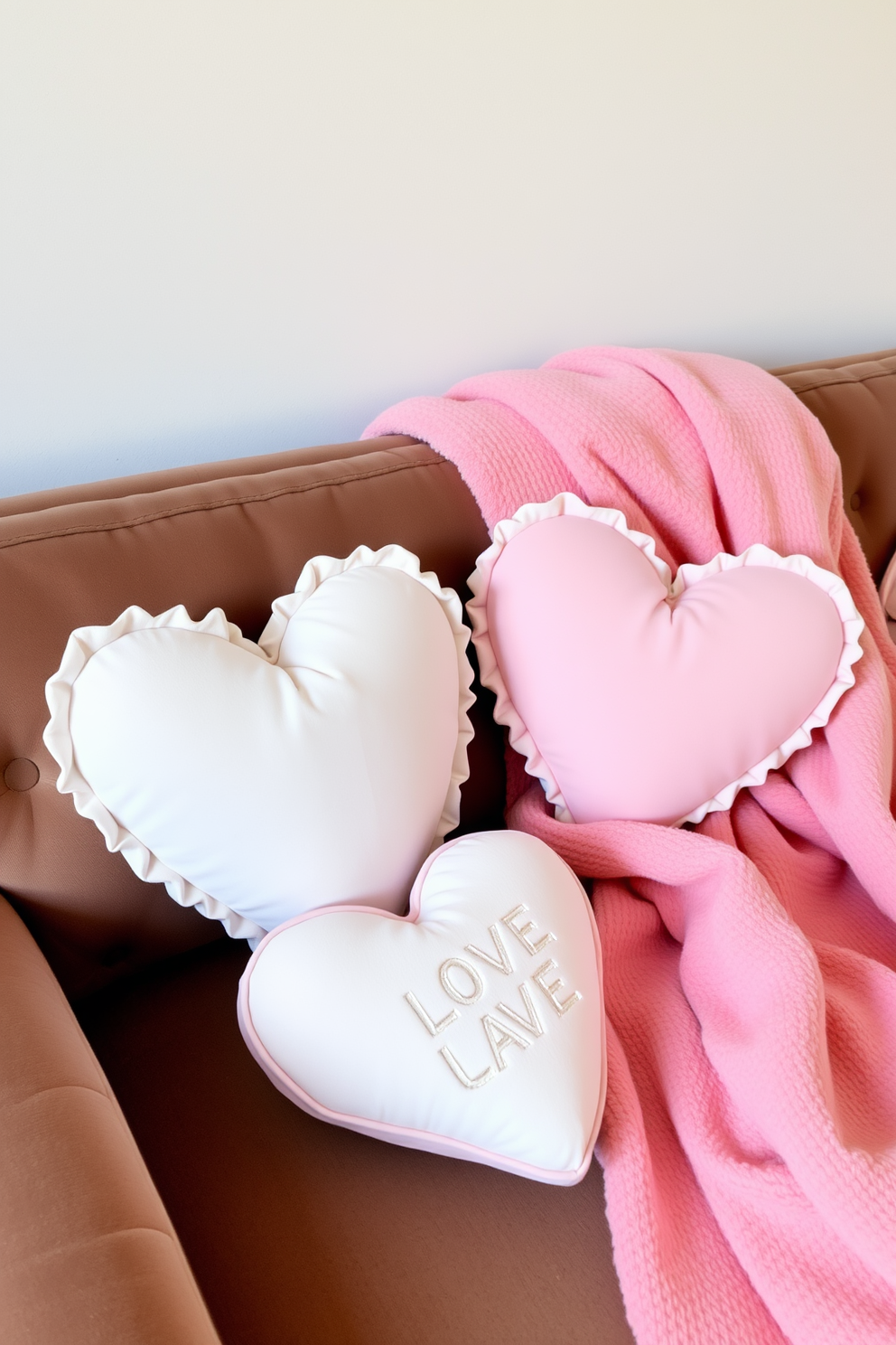 Heart-shaped throw pillows are arranged on a plush sofa, adding a romantic touch to the living space. The sofa is adorned with soft, pastel-colored blankets, creating a cozy atmosphere perfect for Valentine's Day.