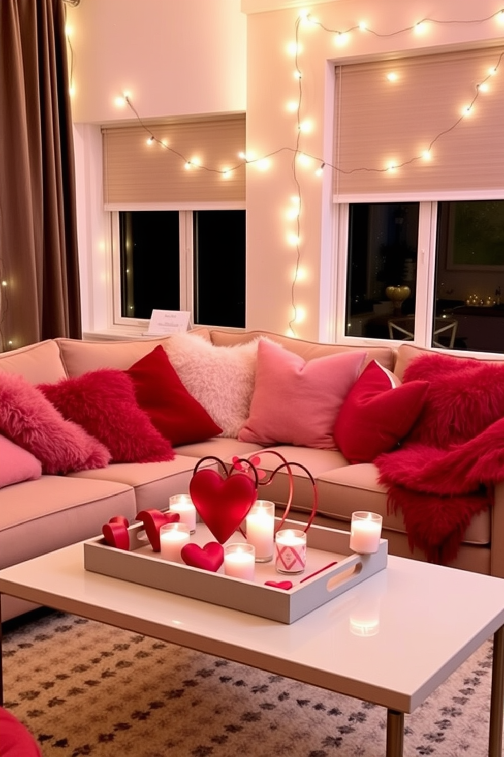 A cozy living room adorned for Valentine's Day. Plush cushions in shades of pink and red are scattered across a comfortable sofa, while soft music plays in the background to create a romantic atmosphere. A heart-themed centerpiece sits on the coffee table, surrounded by flickering candles. Delicate string lights are draped along the walls, adding a warm, inviting glow to the space.