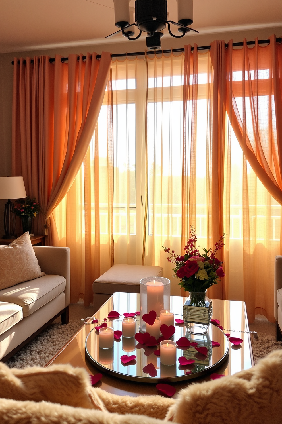 A cozy living room adorned with warm-toned curtains that gently filter the sunlight, creating a welcoming ambiance. The space features plush sofas with soft cushions and a coffee table decorated with romantic candles and seasonal flowers for a Valentine's Day touch.