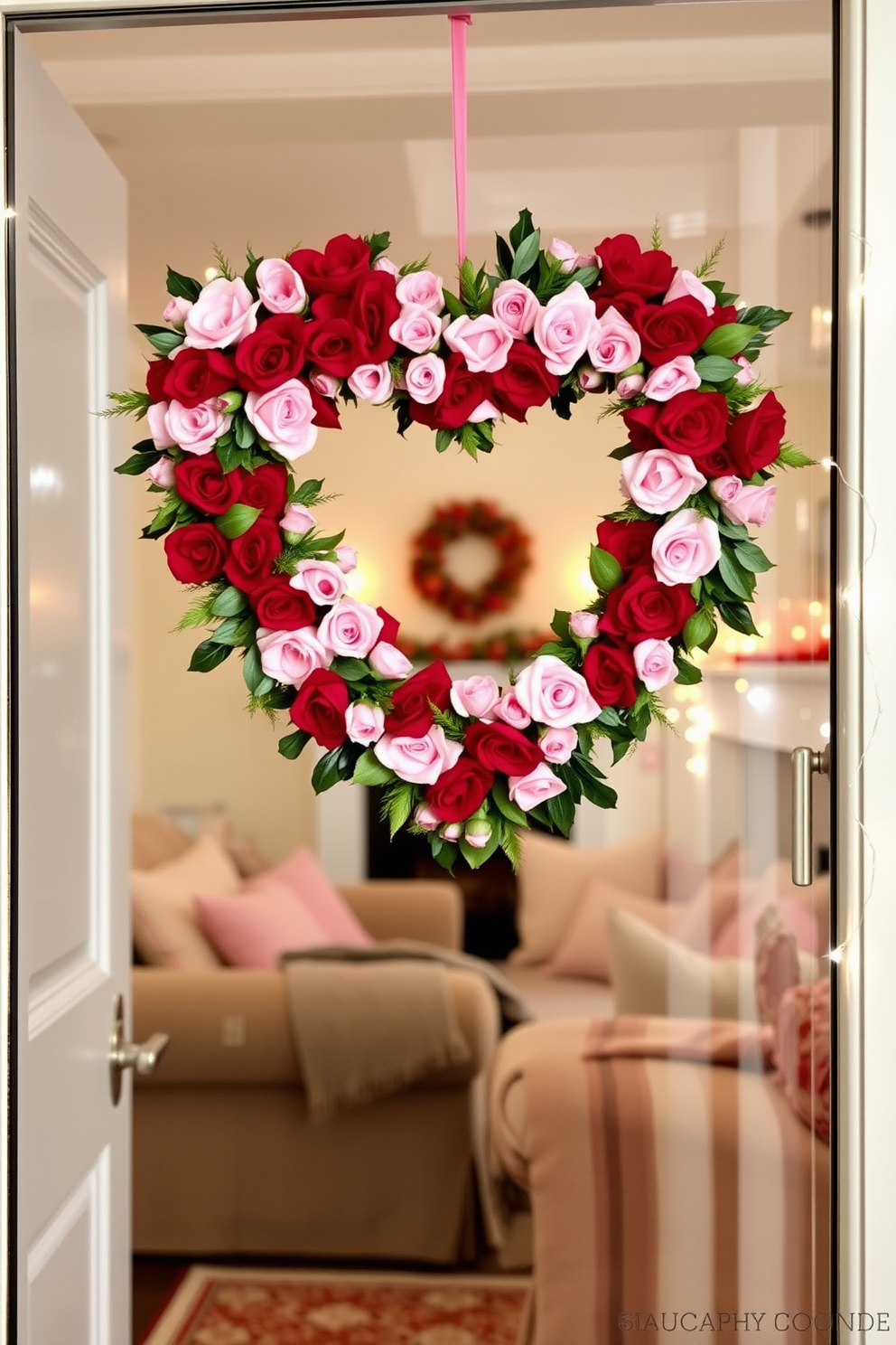 A heart-shaped wreath adorns the front door, crafted from vibrant red and pink flowers intertwined with lush greenery. This charming entrance sets a romantic tone for the home, inviting guests to celebrate the spirit of love. Inside the living room, soft pastel cushions are scattered across a cozy sofa, complemented by a warm throw blanket. Delicate string lights are draped along the mantel, creating a soft glow that enhances the festive Valentine's Day atmosphere.