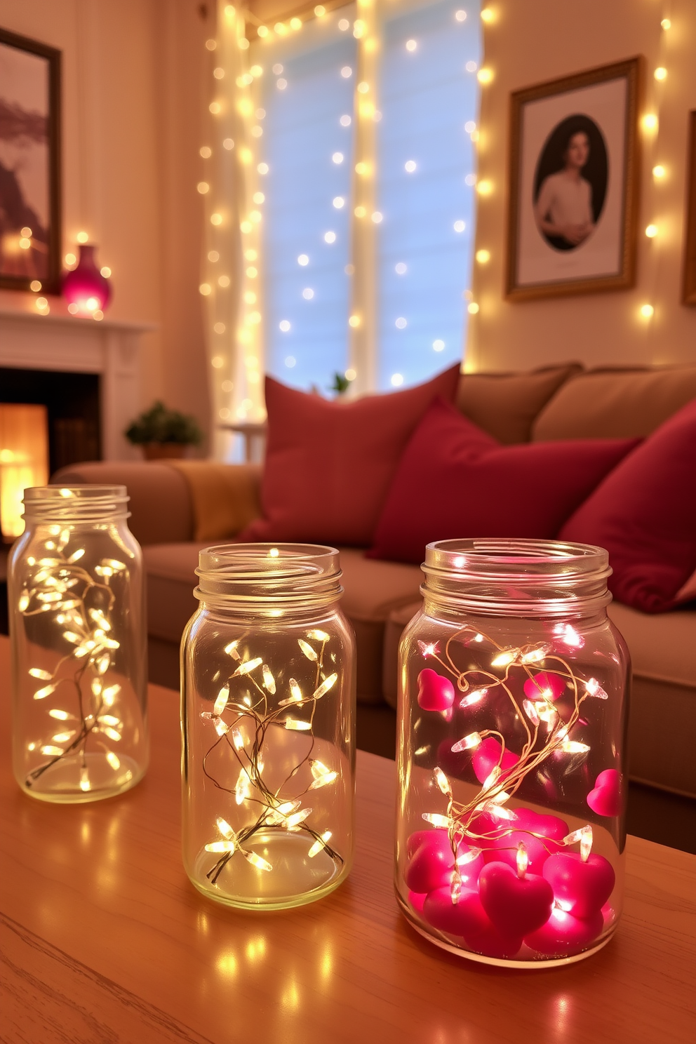 A cozy living room adorned with charming fairy lights nestled in glass jars. The soft glow of the lights creates a warm ambiance, perfect for a romantic Valentine's Day celebration.