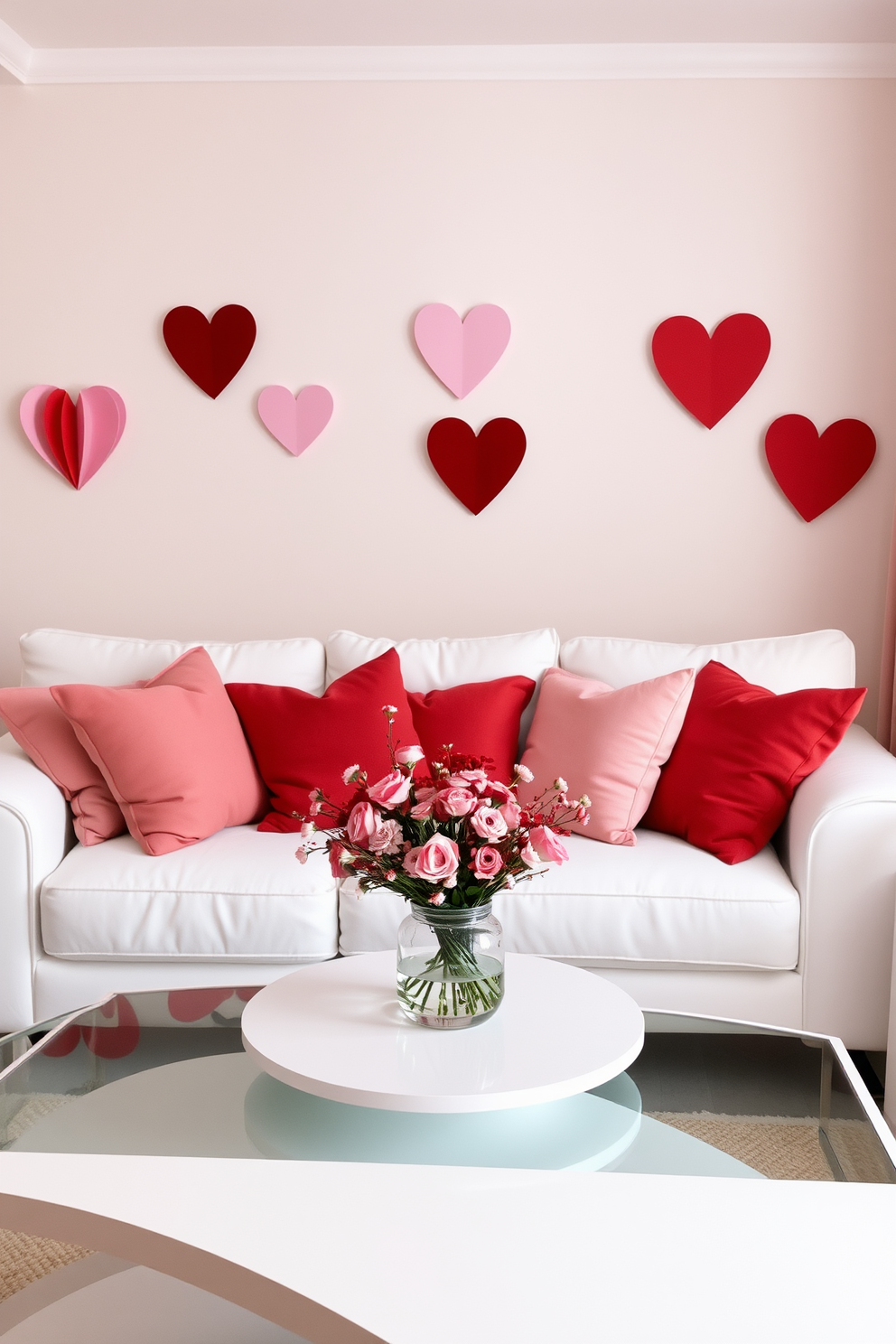 A cozy living room adorned with a subtle pink and red color palette. Soft throw pillows in varying shades of pink and red are scattered across a plush white sofa, creating a warm and inviting atmosphere. A delicate floral arrangement featuring pink and red blooms sits on a sleek coffee table. Heart-shaped decorations are tastefully hung on the walls, adding a festive touch for Valentine's Day while maintaining an elegant vibe.