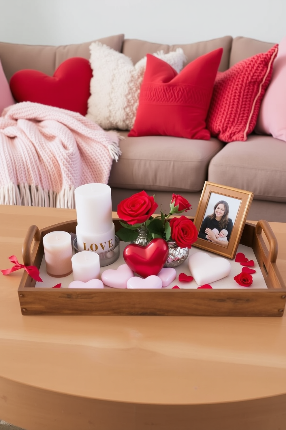 A beautifully arranged decorative tray sits on the coffee table in the living room. It features an assortment of love-themed items such as heart-shaped candles, a small bouquet of red roses, and a framed photo of a couple. The tray is complemented by soft, plush throw pillows in shades of pink and red scattered across the sofa. A cozy knit blanket drapes over the armrest, adding warmth and inviting comfort to the Valentine's Day decor.