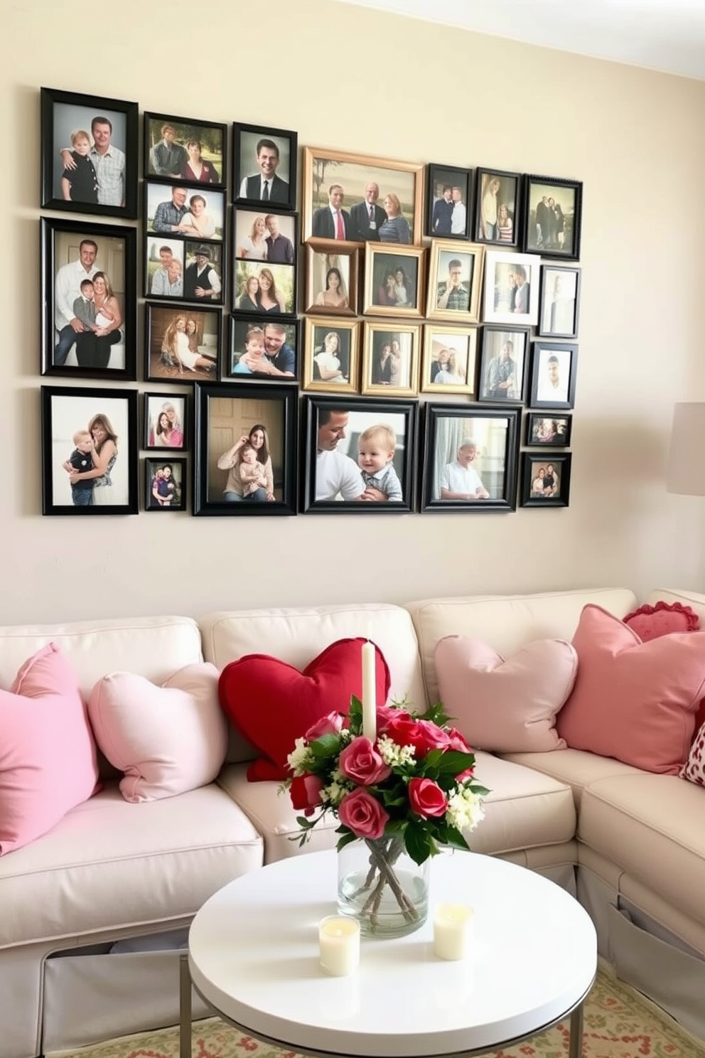 A personalized photo collage of memories hangs on the wall in the living room. The collage features a mix of framed photographs in varying sizes, showcasing cherished moments with loved ones. For Valentine's Day decorating ideas, the living room is adorned with soft pink and red accents. Heart-shaped cushions are placed on the sofa, and a romantic centerpiece with candles and flowers sits on the coffee table.