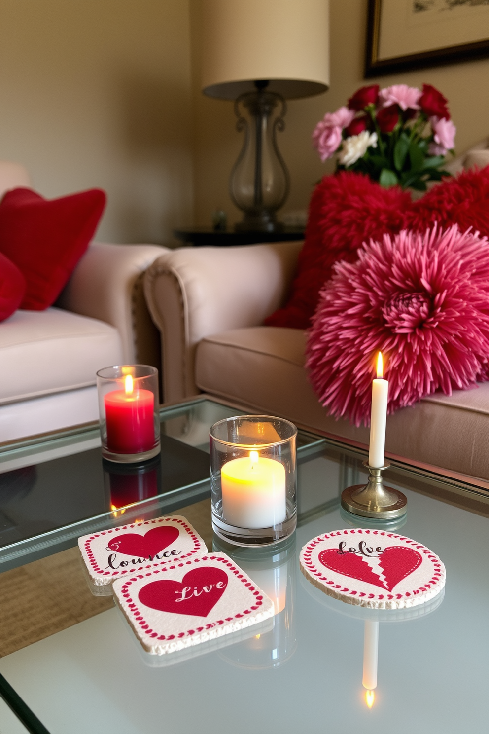 Stylish coasters with romantic designs are placed on a glass coffee table in a cozy living room. The soft glow of candlelight reflects off the coasters, creating an inviting atmosphere perfect for Valentine's Day. Fluffy throw pillows in shades of red and pink adorn a plush sofa, enhancing the romantic vibe. Fresh flowers in a vase sit nearby, adding a touch of elegance to the Valentine's Day decorating theme.