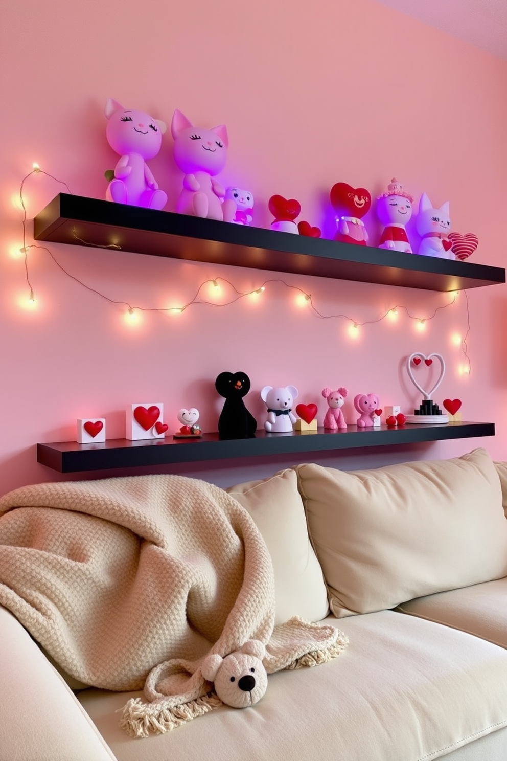 Cute love-themed figurines are arranged on floating shelves, showcasing a variety of colors and styles. The shelves are adorned with soft fairy lights that create a warm and inviting atmosphere in the living room. The walls are painted in a soft pastel hue, enhancing the romantic vibe of the space. A cozy throw blanket drapes over a plush sofa, complementing the love-themed decor for a perfect Valentine's Day setting.